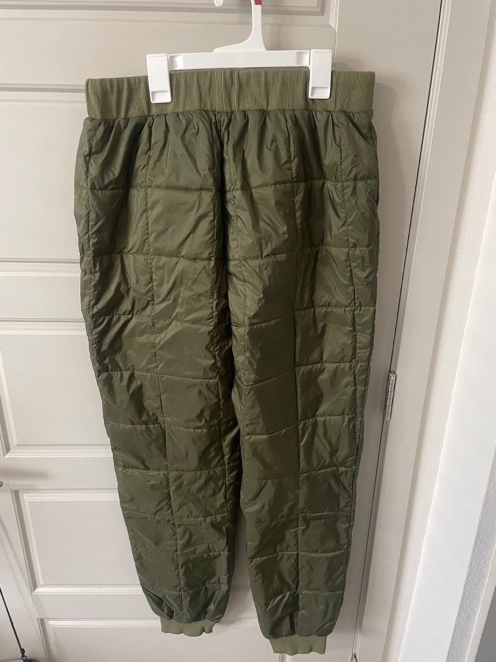 Quilted Olive Green Men's Joggers - Lightweight Puffer Sweatpants - Picture 2 of 4